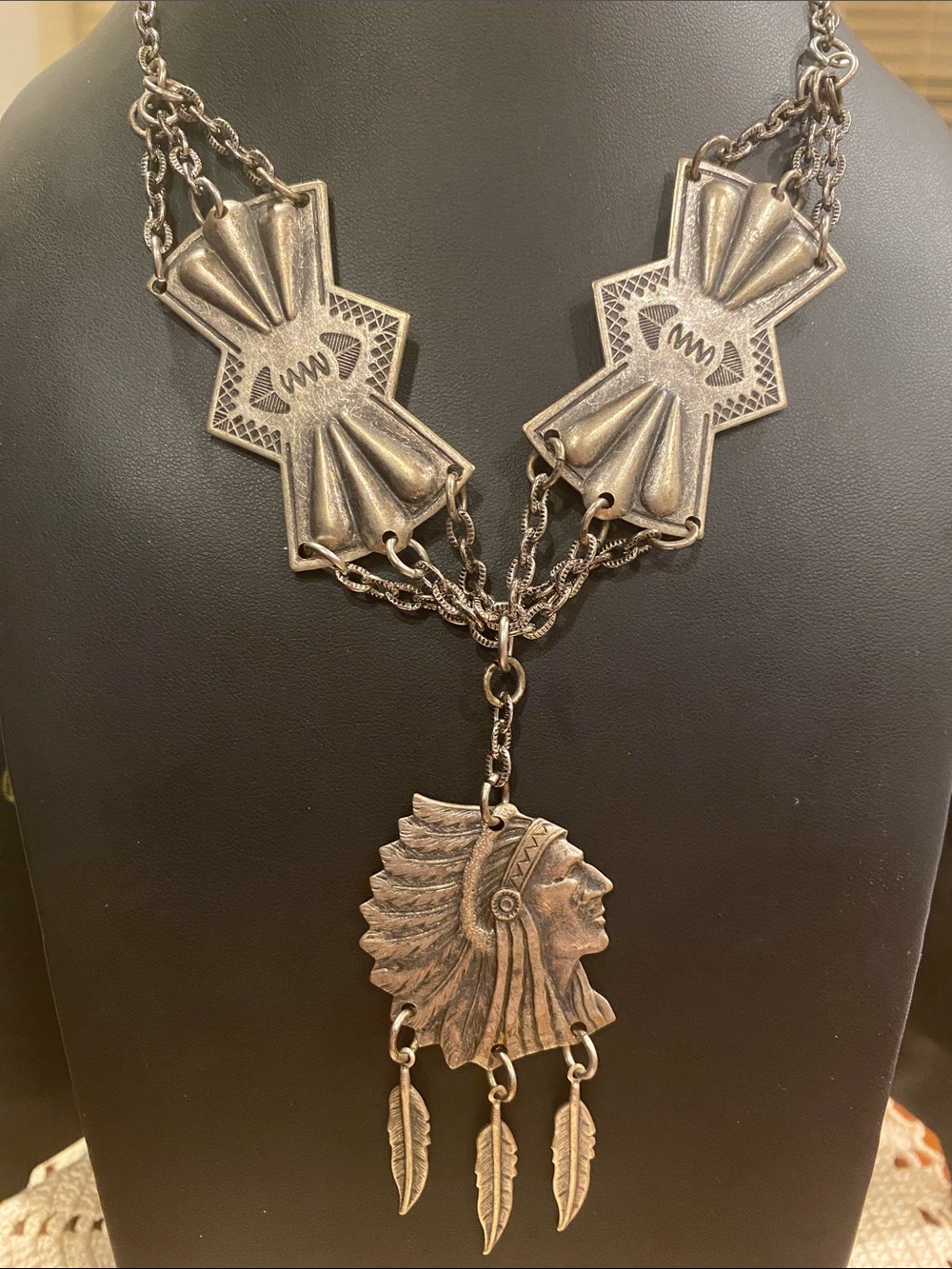 Vintage Antiqued Silver-Tone Native Chief Pendant Necklace